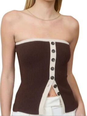 Abercrombie & Fitch Ottoman Button-Front Tube Top Brown Ribbed w/cream medium